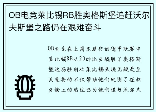 OB电竞莱比锡RB胜奥格斯堡追赶沃尔夫斯堡之路仍在艰难奋斗
