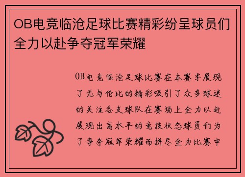 OB电竞临沧足球比赛精彩纷呈球员们全力以赴争夺冠军荣耀