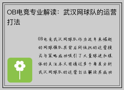 OB电竞专业解读：武汉网球队的运营打法